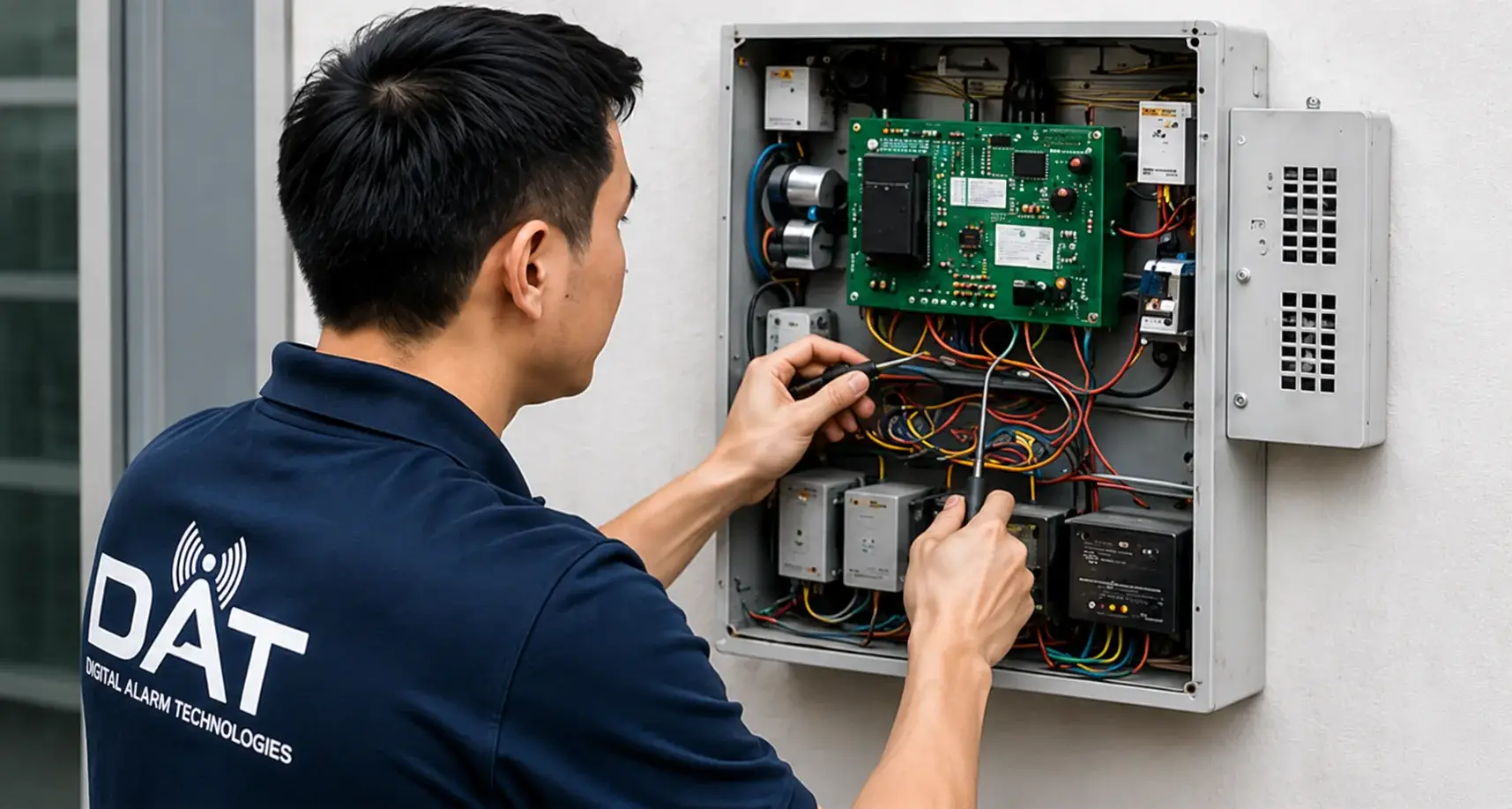 Digital Alarm Technologies technician servicing a security system