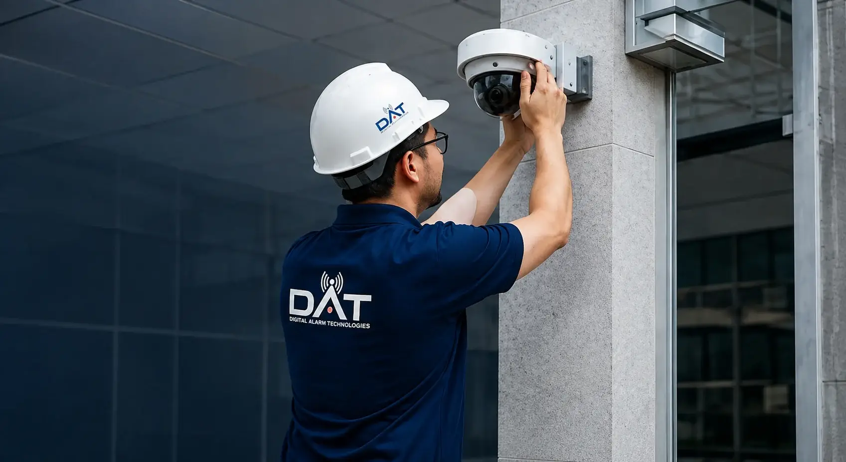 CCTV technician installing a surveillance camera